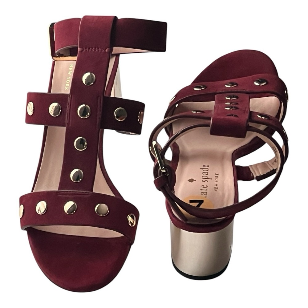 Kate Spade Burgundy Suede Studded Sandals 7M Block Heel Strappy Boho Chic - Picture 10 of 10